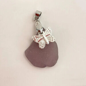 Silver Toned Butterfly & Natural Purple Stone Vintage Pendant Charm Trinket